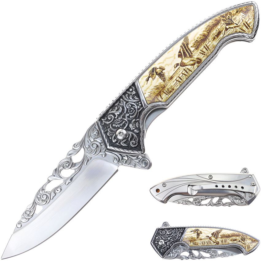 Spring assisted tactical knife with 5-inch goose etched design blade, open folding knife by Rex Distributor, Inc.