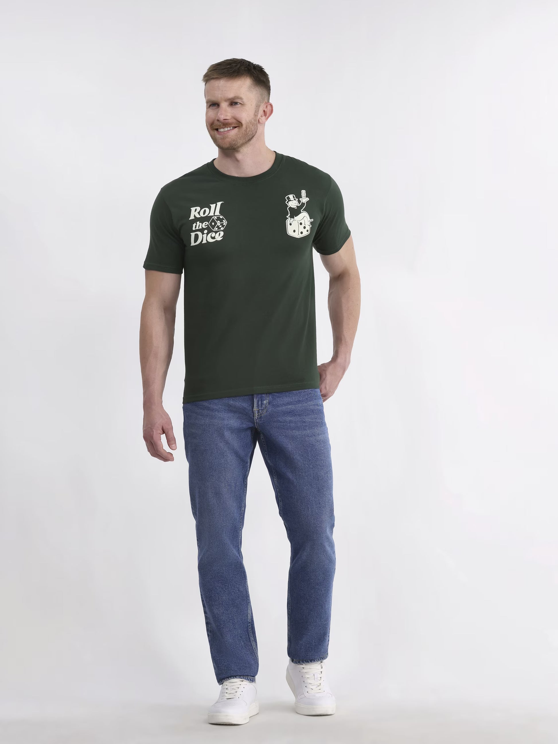 Men's green Monopoly Roll The Dice graphic T-shirt by Rex Distributor, Inc. featuring a bold dice design on soft cotton fabric.
