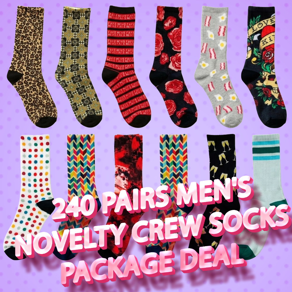 240 Pairs Men's Novelty Crew Socks Package Deal | Mixed Graphic Designs & Fun Patterns Free Shipping