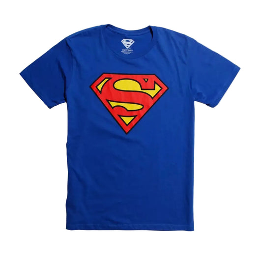 Blue t-shirt with Superman logo on a white background