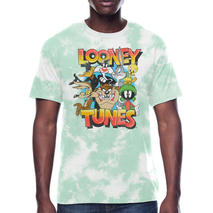 Men's Tie Dye Looney Tunes Sunset Graphic Tee shirt featuring colorful sunset and Looney Tunes characters, by Rex Distributor, Inc.