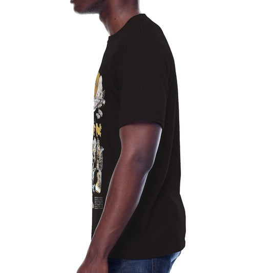 Person wearing a black t-shirt with a colorful graphic design on a white background