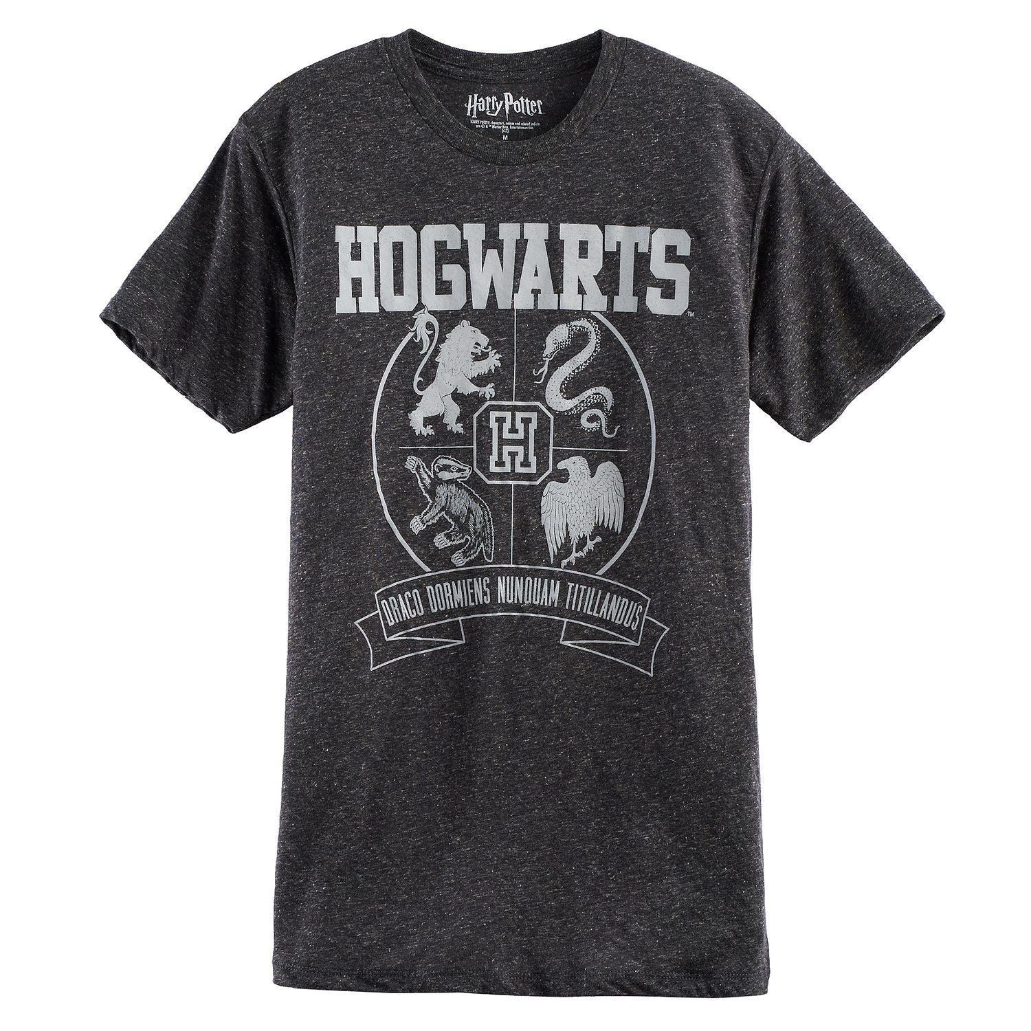 Men's Harry Potter Hogwarts Crest graphic T-shirt by Mad Engine, featuring a detailed crest design on a casual shirt.