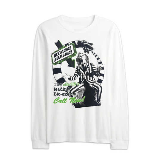 Men's White Beetlejuice Call Now Graphic Long Sleeve Shirt Tee