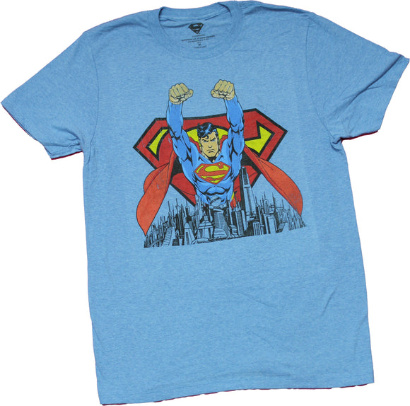 Men's Royal Snow Heather Superman Mens T-Shirt Flying Over Metropolis & Logo Tee