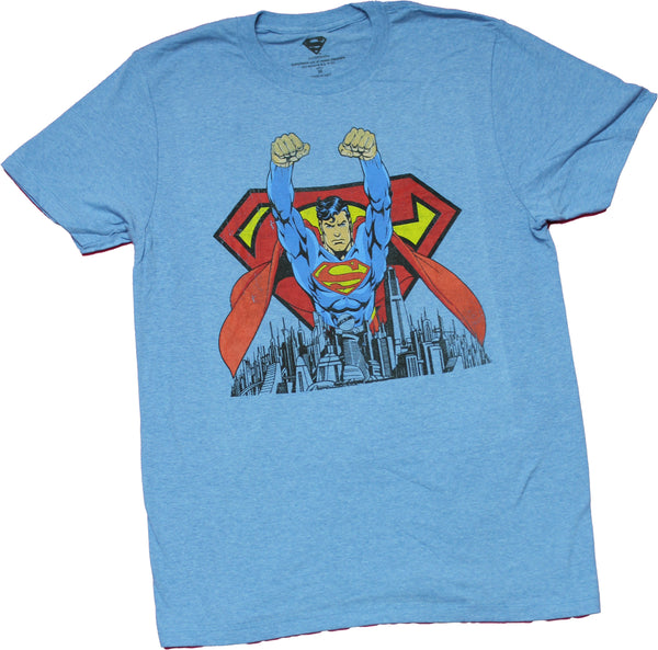 Men's Royal Snow Heather Superman Mens T-Shirt Flying Over Metropolis & Logo Tee