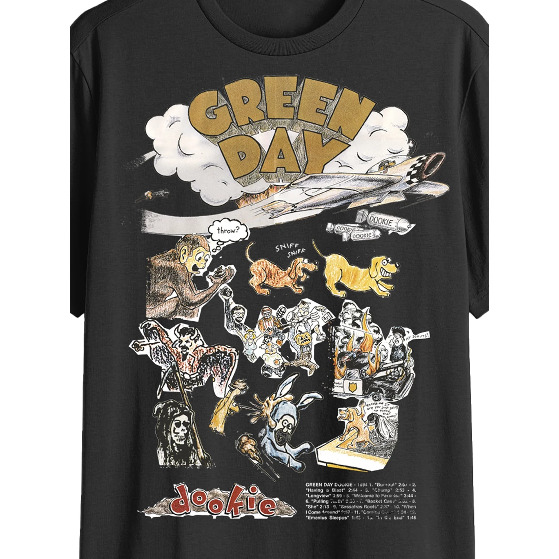 Men's green graphic tee featuring the Dookie album art from Green Day, by Mad Engine, displayed on a casual T-shirt.