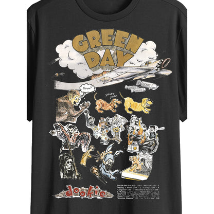 Men's green graphic tee featuring the Dookie album art from Green Day, by Mad Engine, displayed on a casual T-shirt.