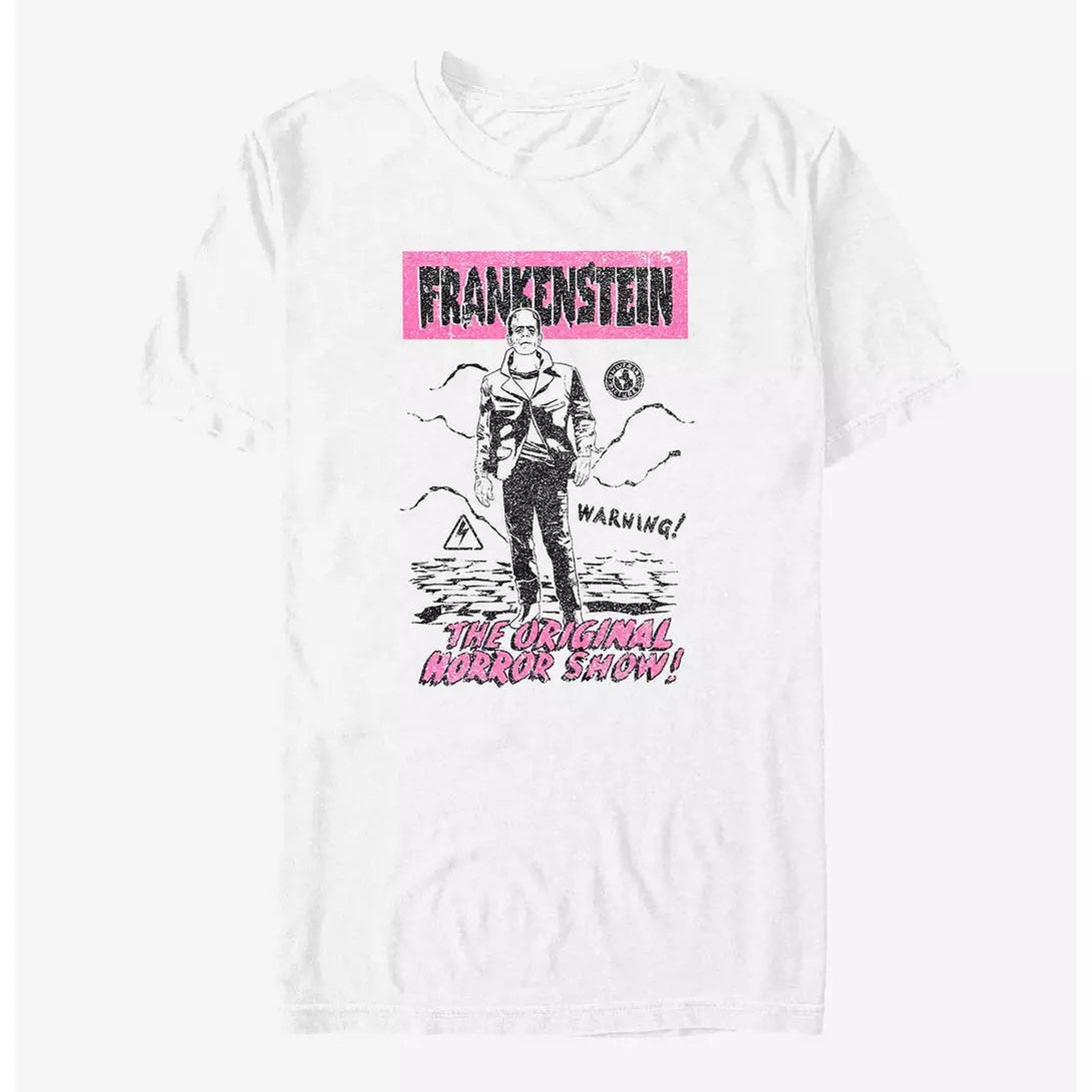 White t-shirt with a graphic design of Frankenstein and text on a white background