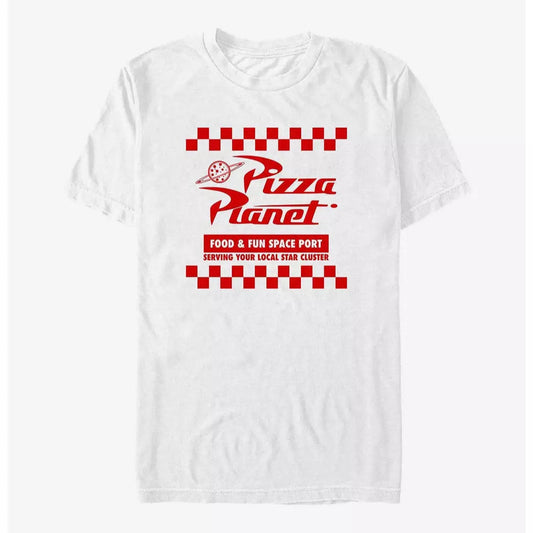 White t-shirt with red 'Pizza Planet' logo on a white background