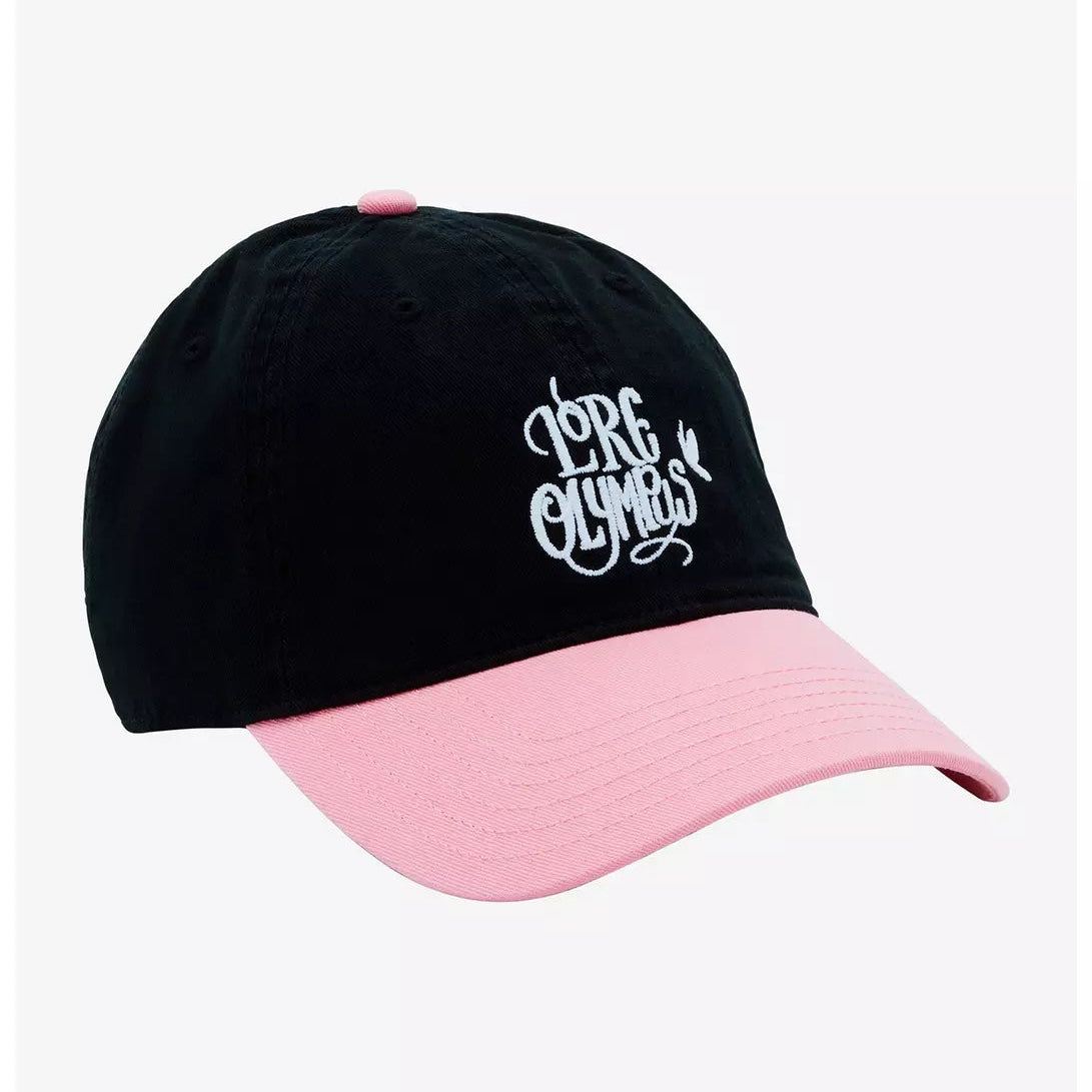 Black and pink cap with white text on a light gray background