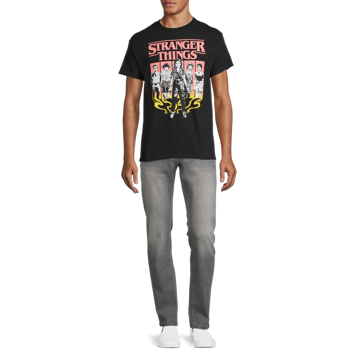 Men's Stranger Things graphic t-shirt featuring character designs, made by Rex Distributor, Inc., with vibrant print on comfortable fabric.