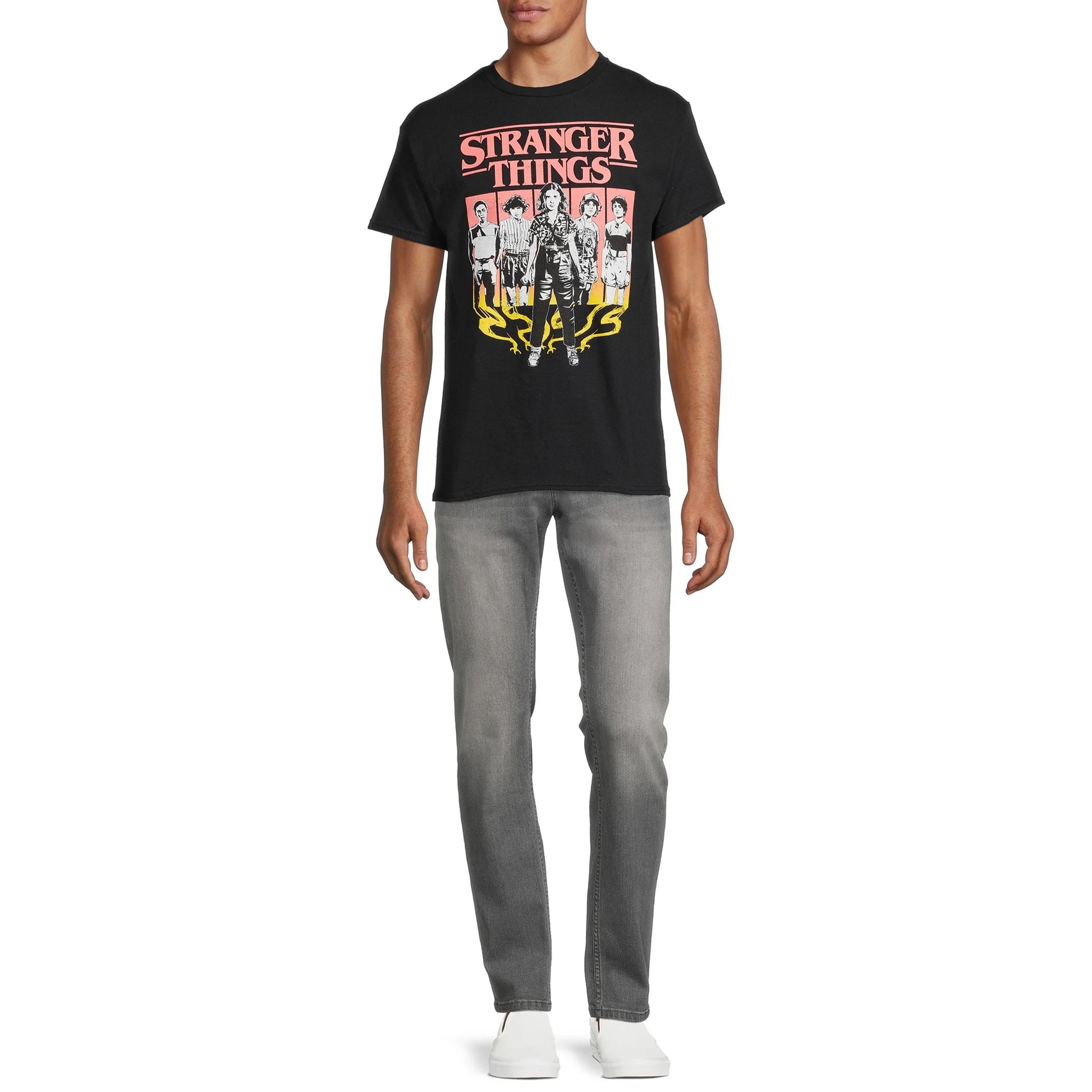 Men's Stranger Things graphic t-shirt featuring character designs, made by Rex Distributor, Inc., with vibrant print on comfortable fabric.