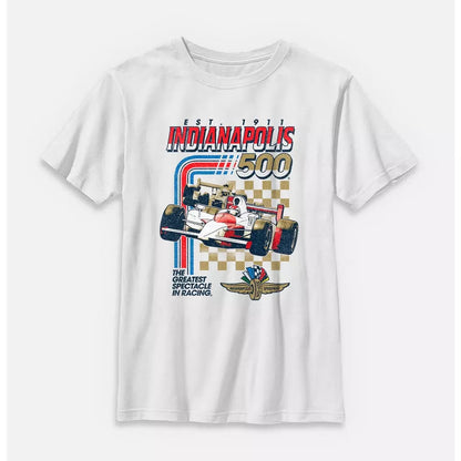 White boys' Indianapolis 500 graphic T-shirt by Mad Engine featuring race car and logo design on front.