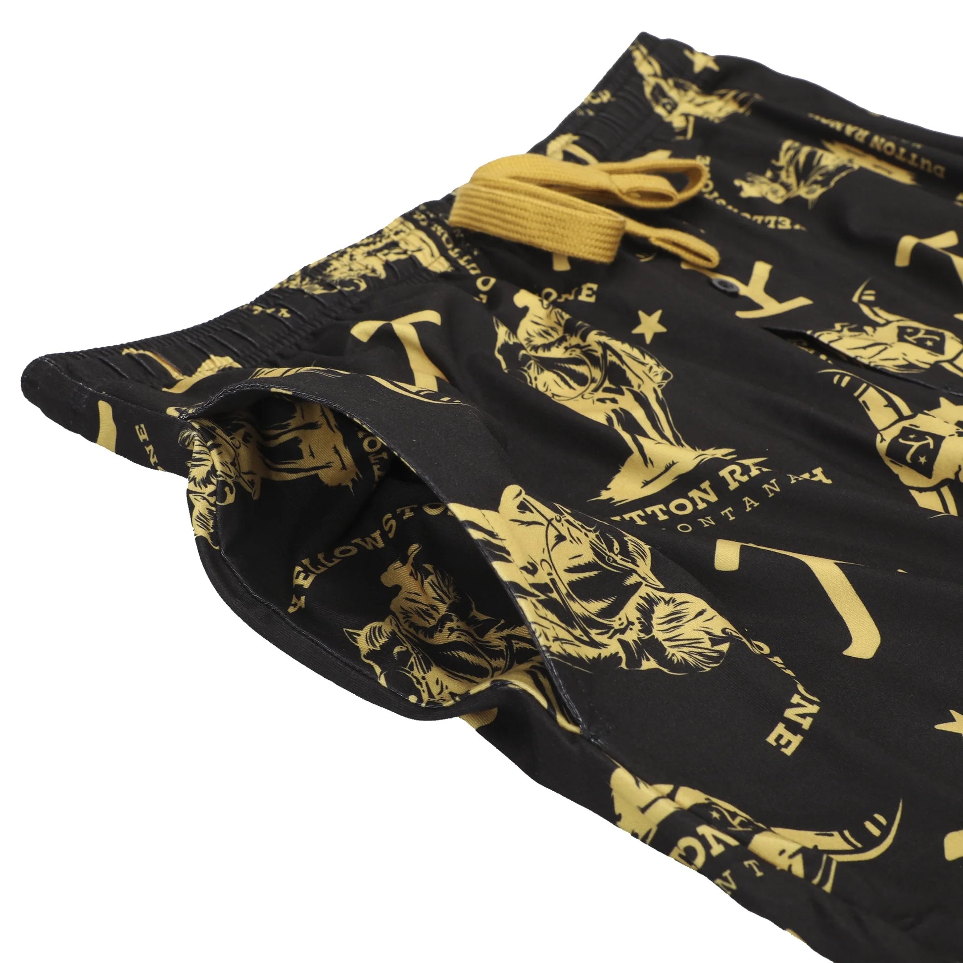 Men's Yellowstone Dutton Ranch black wash sleep pajama pants by Bioworld with logo and ranch print, casual and comfortable sleepwear.