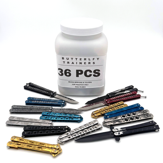 Display set of 36 mixed butterfly trainers knives in a clear jar, Rex Distributor, Inc. brand, suitable for training and practice.