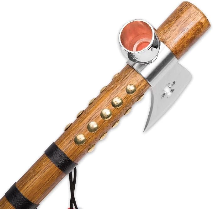 KN 1343 18.75" Native American Peace Pipe Tomahawk Axe Brown with Feathers
