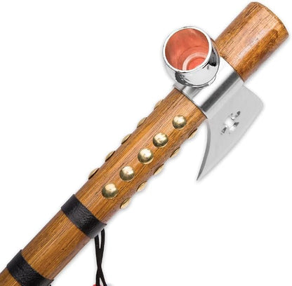 KN 1343 18.75" Native American Peace Pipe Tomahawk Axe Brown with Feathers