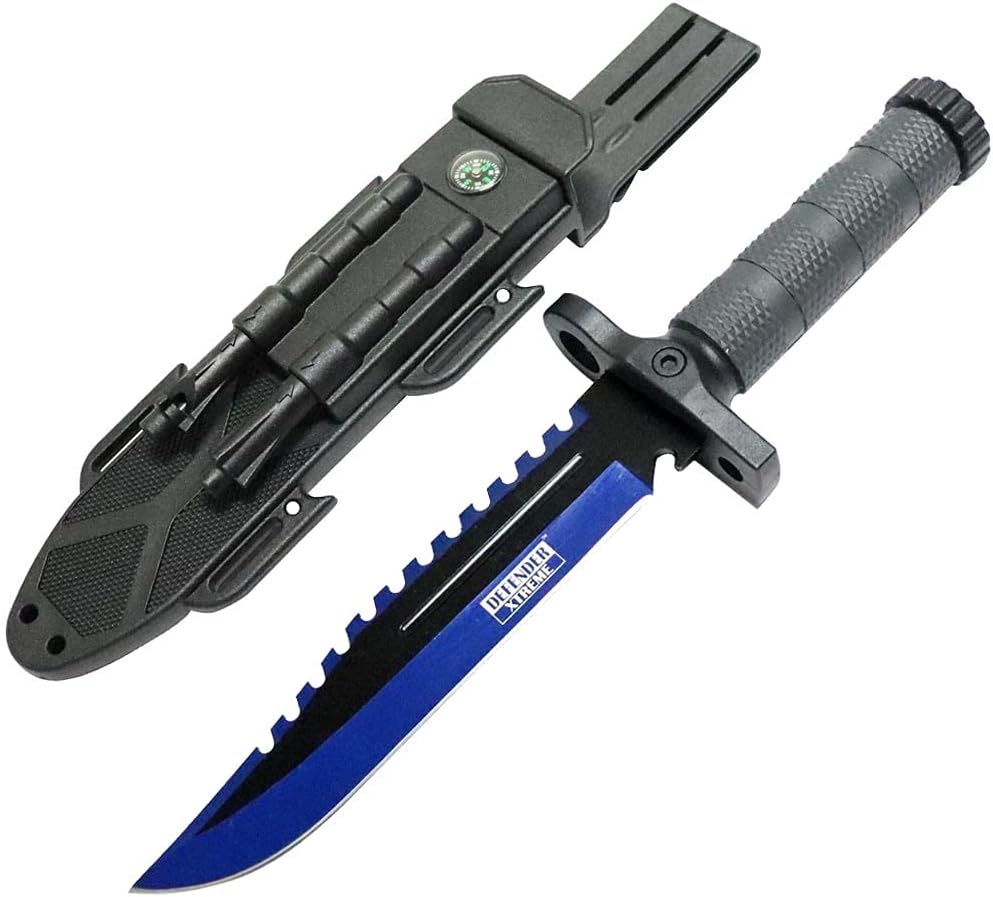 SH 13824-BL 13" Blue & Black Survival Knife w/ Sheath Fire Starter Whistle Blade Sharpener