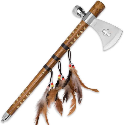 KN 1343 18.75" Native American Peace Pipe Tomahawk Axe Brown with Feathers