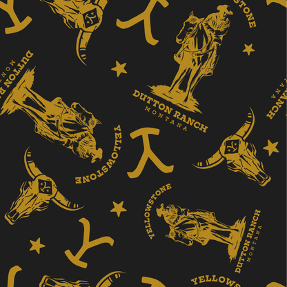 Men's black wash sleep pajama pants by Bioworld featuring Yellowstone Dutton Ranch logo and all-over print design.