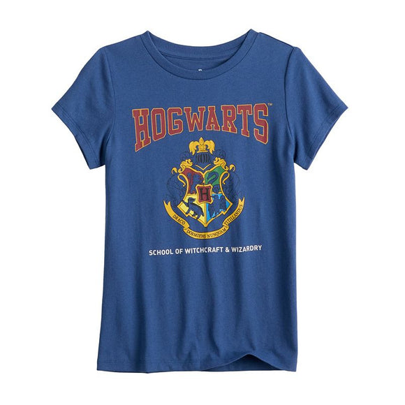 Girls Blue Harry Potter Hogwarts Logo Graphic Tee T-Shirt