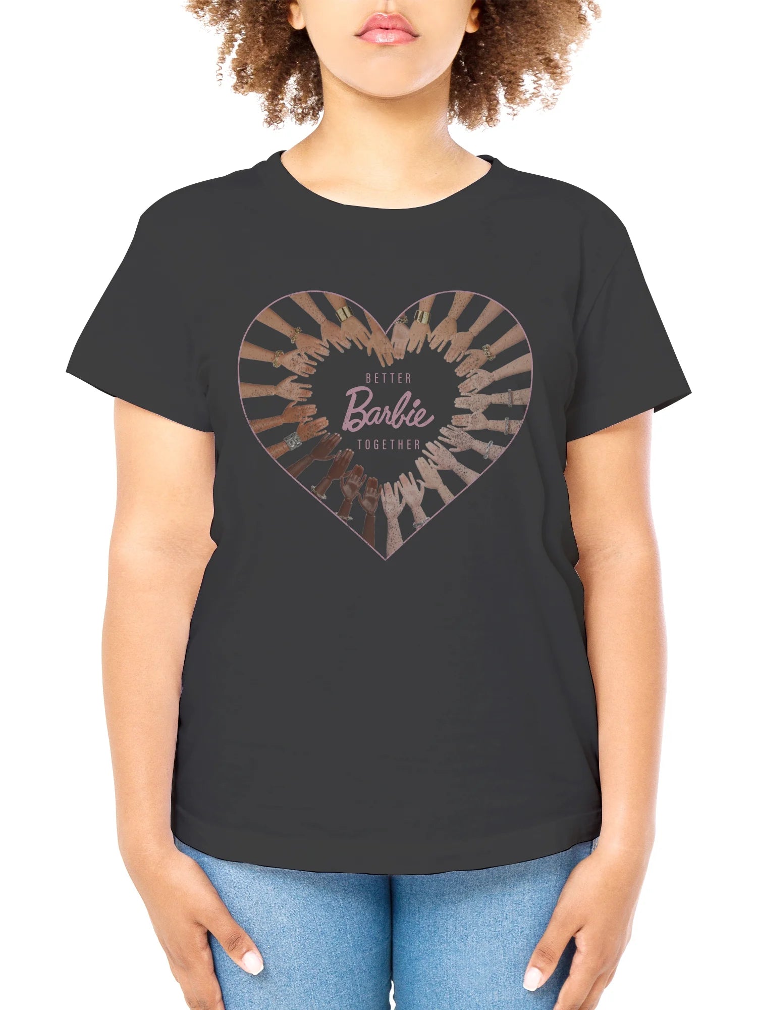 Women's junior Barbie Better Together graphic T-shirt by Rex Distributor, Inc., featuring short sleeves and colorful Barbie-themed design.