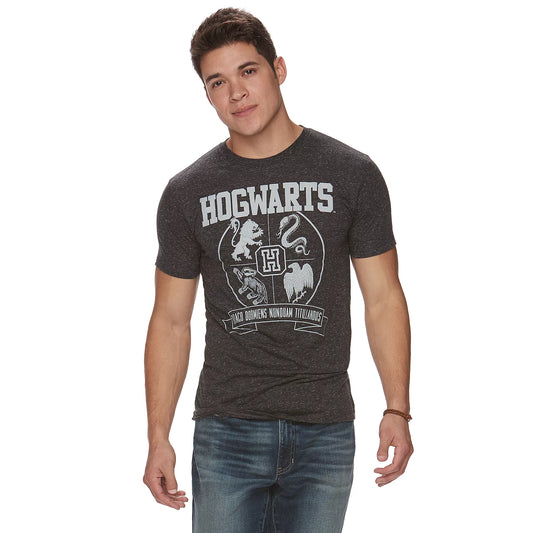 Black men's Harry Potter Hogwarts Crest graphic t-shirt by Mad Engine, featuring a detailed Hogwarts crest design.