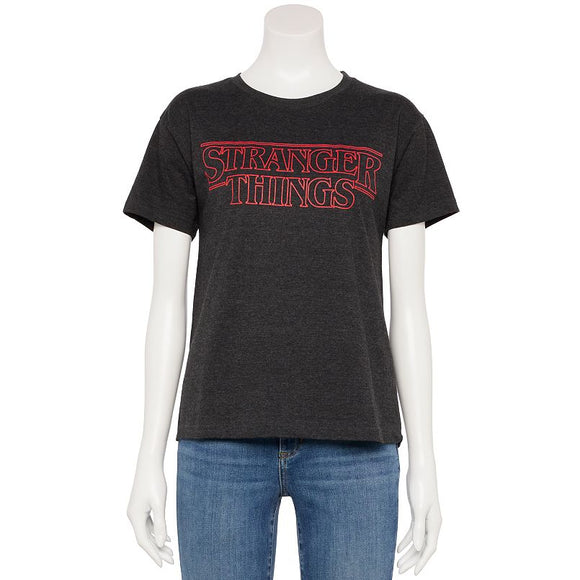 Women Juniors' Heather Charcoal Stranger Things Red Logo Graphic Tee T-Shirt