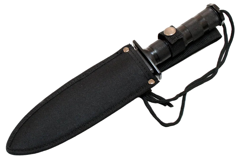 A black tactical-style knife with a textured handle and a matching black nylon sheath, shown on a plain white background.