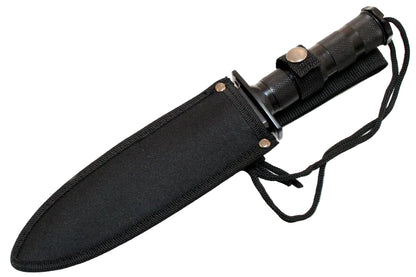 A black tactical-style knife with a textured handle and a matching black nylon sheath, shown on a plain white background.