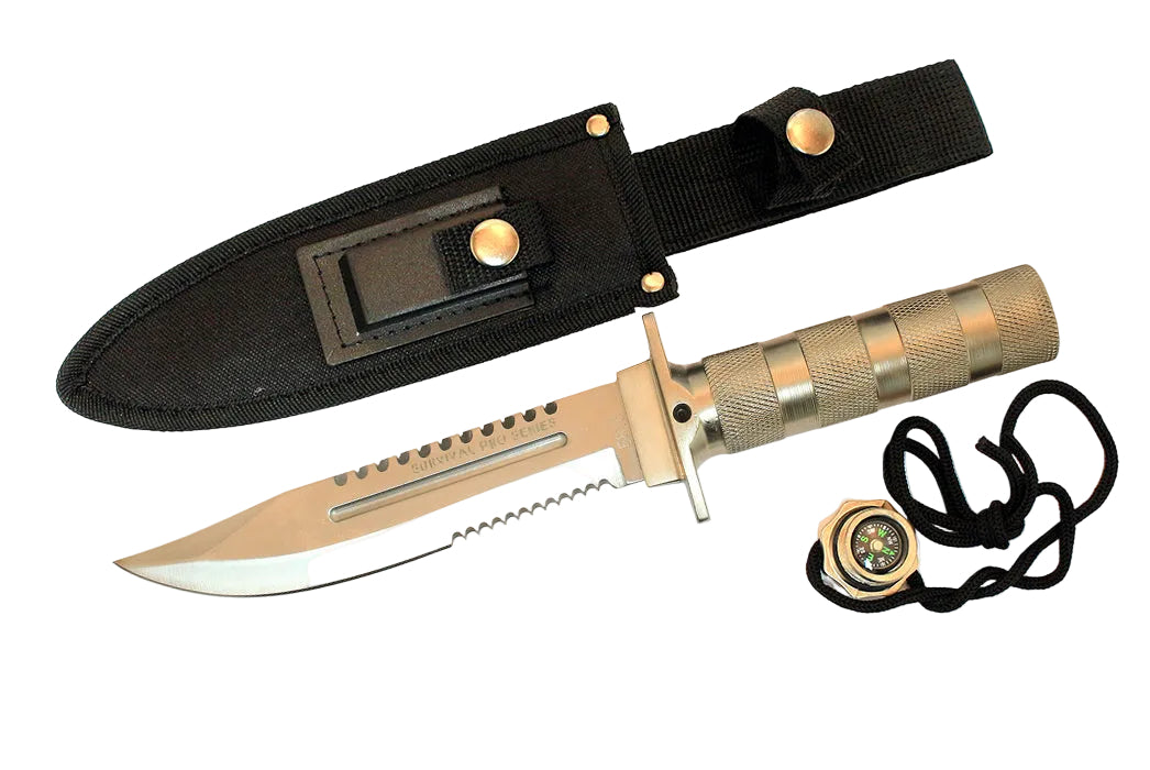 A tactical fixed-blade knife with a silver blade, textured tan handle, black nylon sheath, compass, and sharpening stone, displayed on a clean white background.