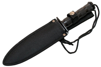 A black tactical-style knife with a textured handle and a matching black nylon sheath, shown on a plain white background.