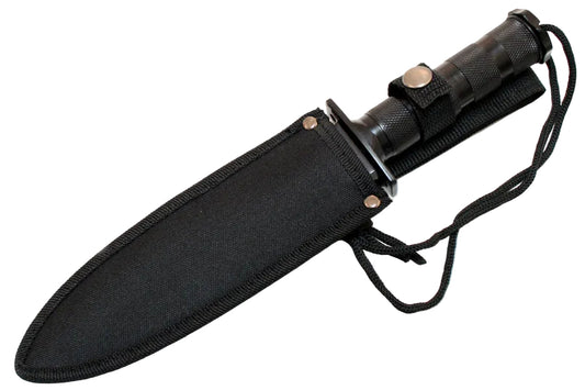 A black tactical-style knife with a textured handle and a matching black nylon sheath, shown on a plain white background.