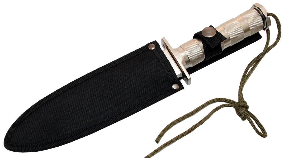 A tactical fixed-blade knife with a textured silver metal handle, a black nylon sheath, and an olive green paracord lanyard, shown on a plain white background.