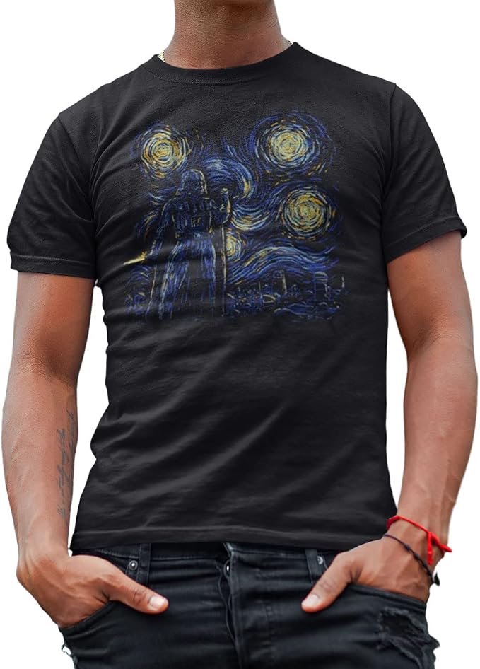 Men's Starry Night Darth Vader Star Wars short sleeve T-shirt featuring Van Gogh-inspired art, from Rex Distributor, Inc.