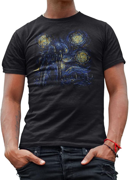 Men's Starry Night Darth Vader Star Wars short sleeve T-shirt featuring Van Gogh-inspired art, from Rex Distributor, Inc.