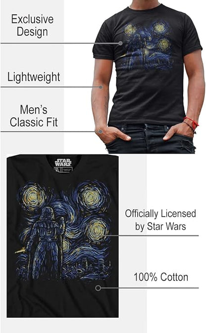 Men's Starry Night Darth Vader Star Wars short sleeve T-shirt featuring Van Gogh-inspired art, Rex Distributor Inc. branding.