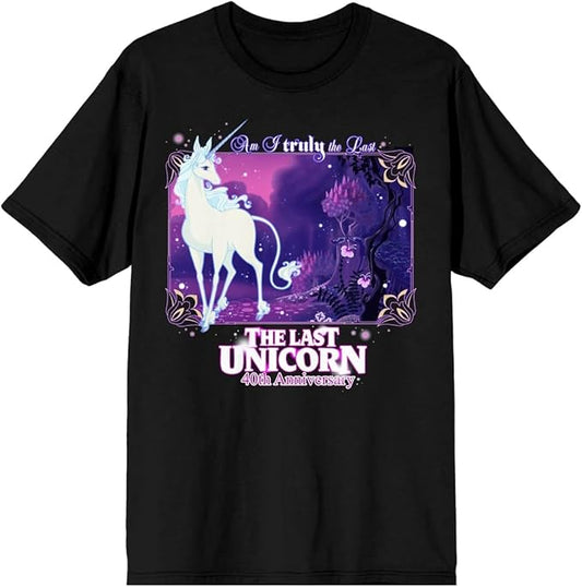Men's The Last Unicorn 40th Anniversary Mad Engine T-shirt featuring a graphic design with unicorn and anniversary branding.
