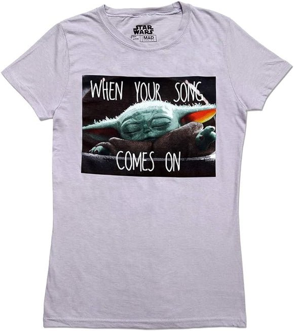 Womens Juniors Baby Yoda Mandalorian Child Song T-Shirt Silver