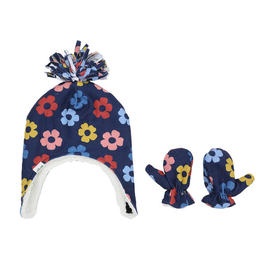 Little Me Fleece Lined Floral Infant/Toddler Pilot Cap and Mittens Set Multicolored