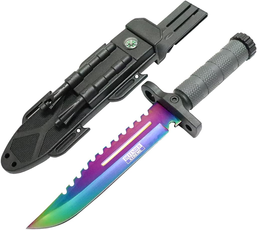 SH 13826-RB 13" Rainbow Survival Knife w/ Sheath Fire Starter Whistle Blade Sharpener