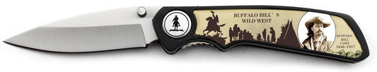 Rex Distributor Inc. Buffalo Bill Cody commemorative folding pocket knife in blister pack, featuring detailed engraved handle and blade.