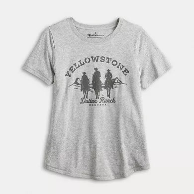 Plus size women's Yellowstone graphic tee by Mad Engine, featuring a colorful nature-inspired design on a casual shirt.