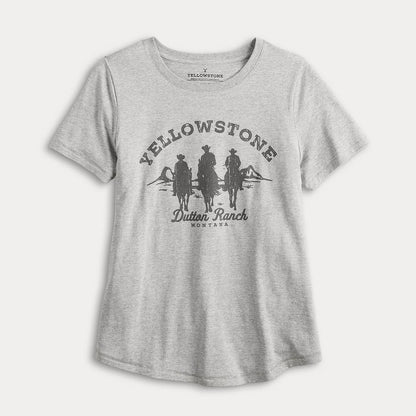 Women's Juniors Yellowstone Dutton Ranch Silhouettes graphic T-shirt by Mad Engine, featuring a ranch-themed silhouette design.