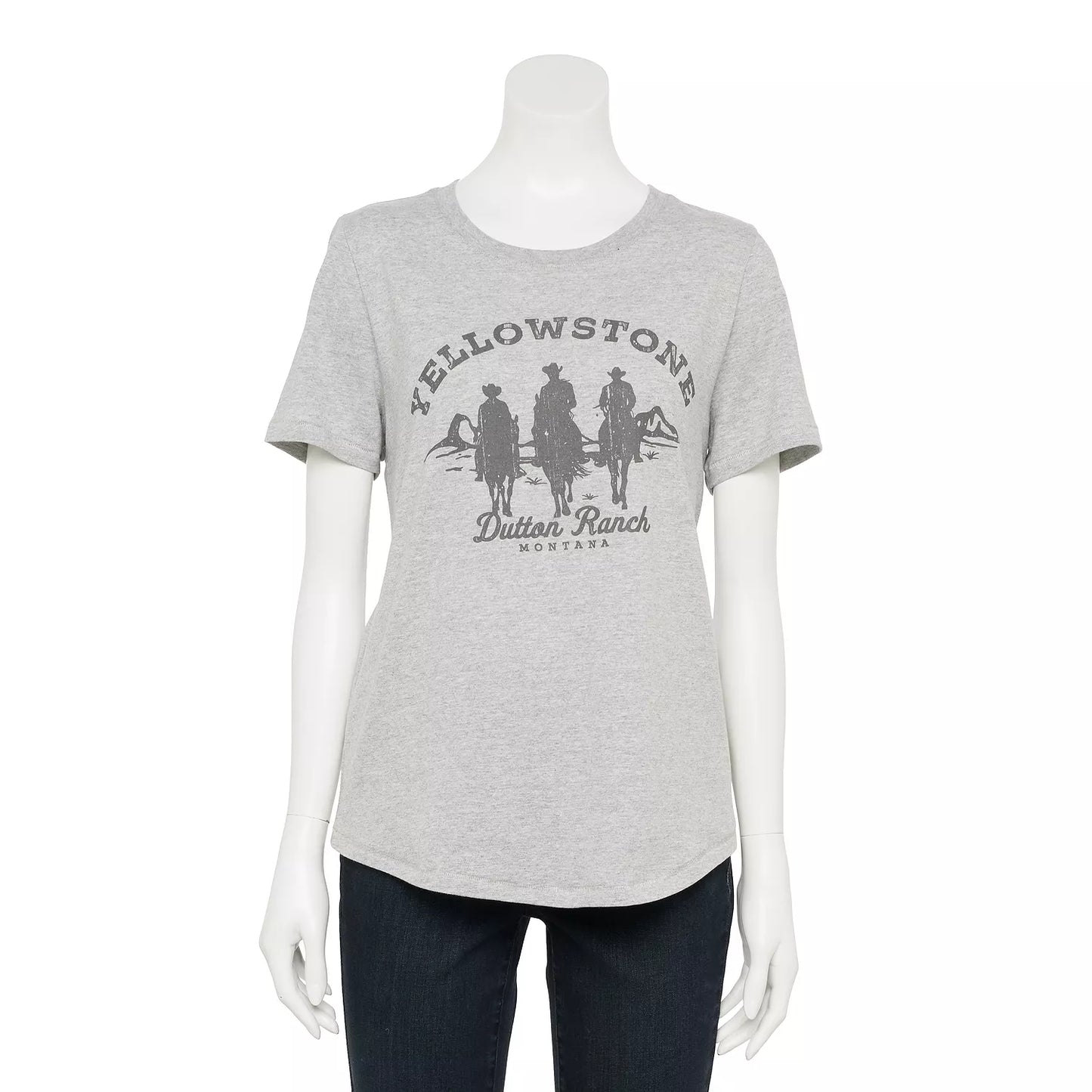 Women's yellowstone Dutton Ranch silhouettes graphic tee by Mad Engine, featuring a stylish ranch-themed design on a casual shirt.