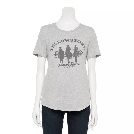 Women's yellowstone Dutton Ranch silhouettes graphic tee by Mad Engine, featuring a stylish ranch-themed design on a casual shirt.