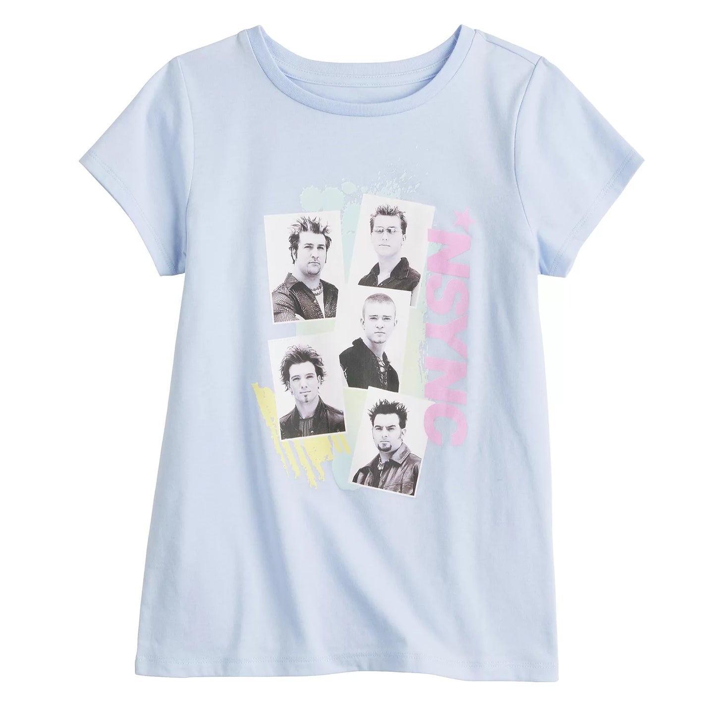 Girls' NSYNC graphic tee shirt for ages 7-16, featuring band logo and colorful design, made by Rex Distributor, Inc.