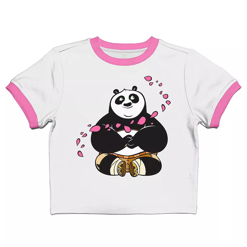 Women's Kung Fu Panda Po Flower Petals Crew Neck Short Sleeve White Baby Tee T-Shirt