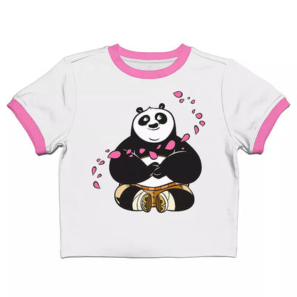 Women's Kung Fu Panda Po Flower Petals Crew Neck Short Sleeve White Baby Tee T-Shirt